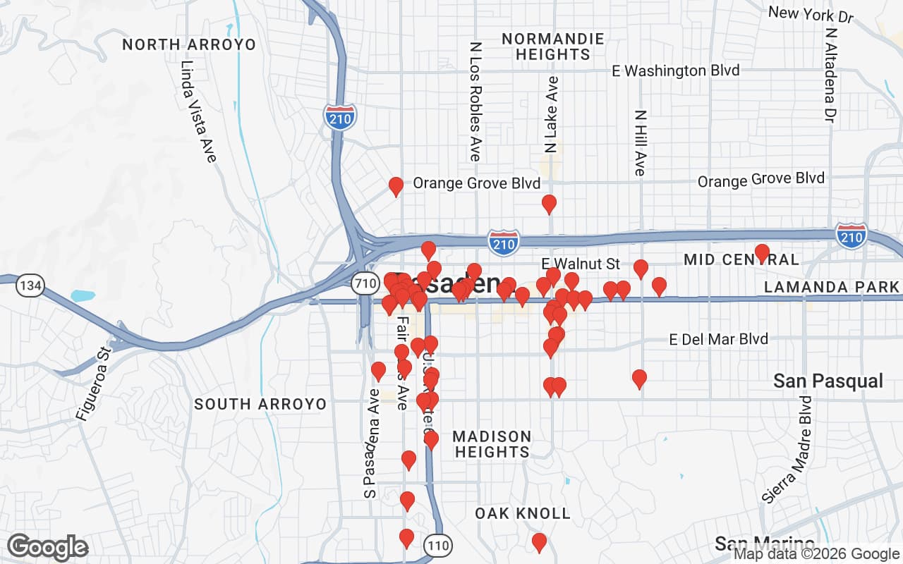 Map of Pasadena, CA showing 60 restaurant locations served by Oil Guyz free used cooking oil pickup