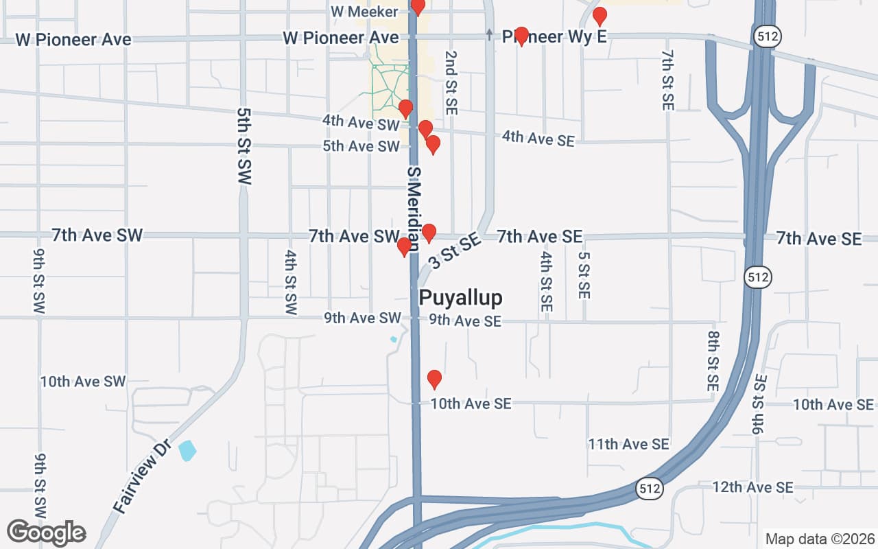 Map of Puyallup, WA showing 50 restaurant locations served by Oil Guyz free used cooking oil pickup