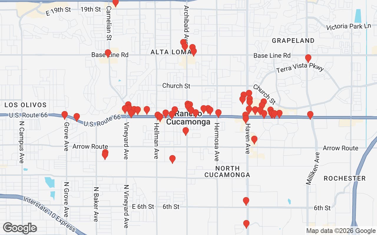 Map of Rancho Cucamonga, CA showing 60 restaurant locations served by Oil Guyz free used cooking oil pickup