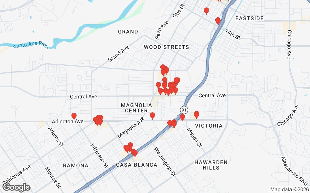 Map of Riverside, CA showing 59 restaurant locations served by Oil Guyz free used cooking oil pickup