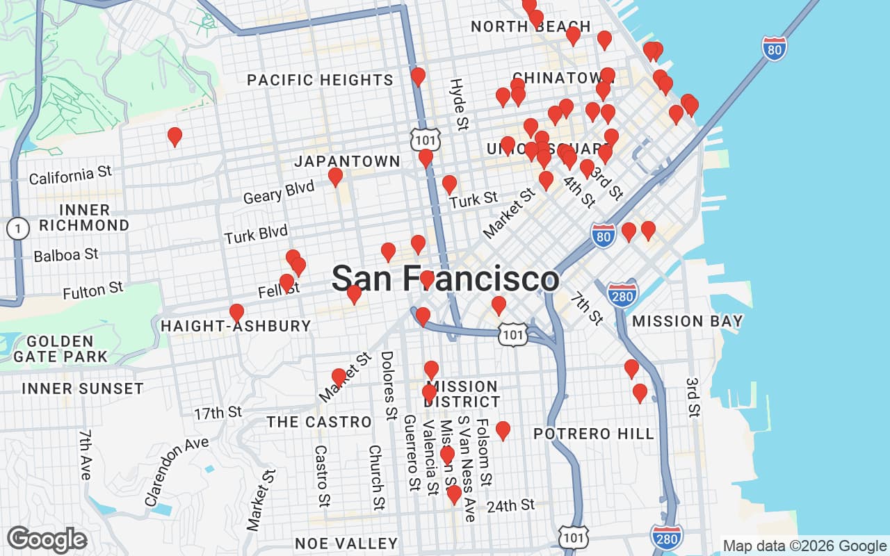 Map of San Francisco, CA showing 60 restaurant locations served by Oil Guyz free used cooking oil pickup