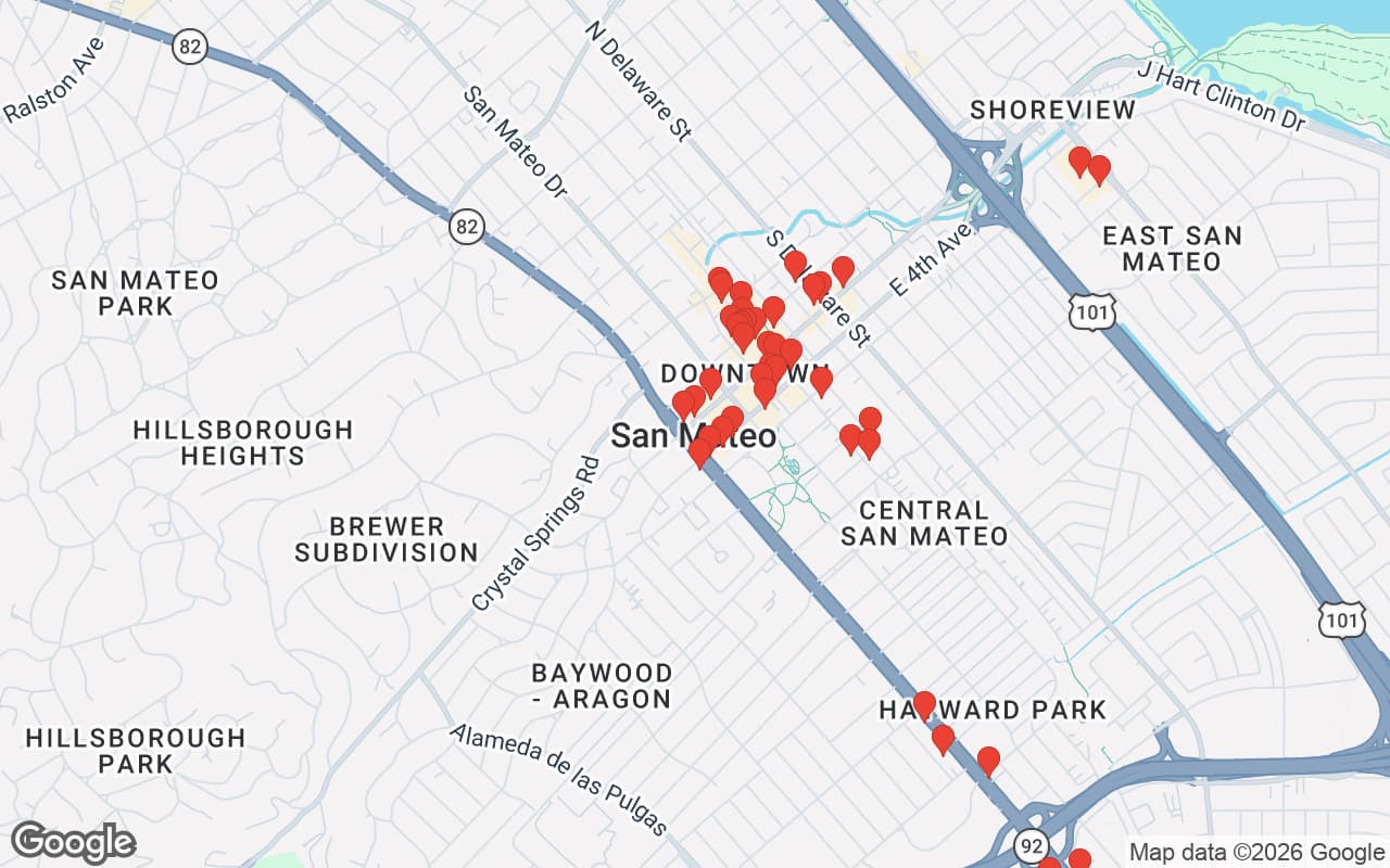 Map of San Mateo, CA showing 60 restaurant locations served by Oil Guyz free used cooking oil pickup