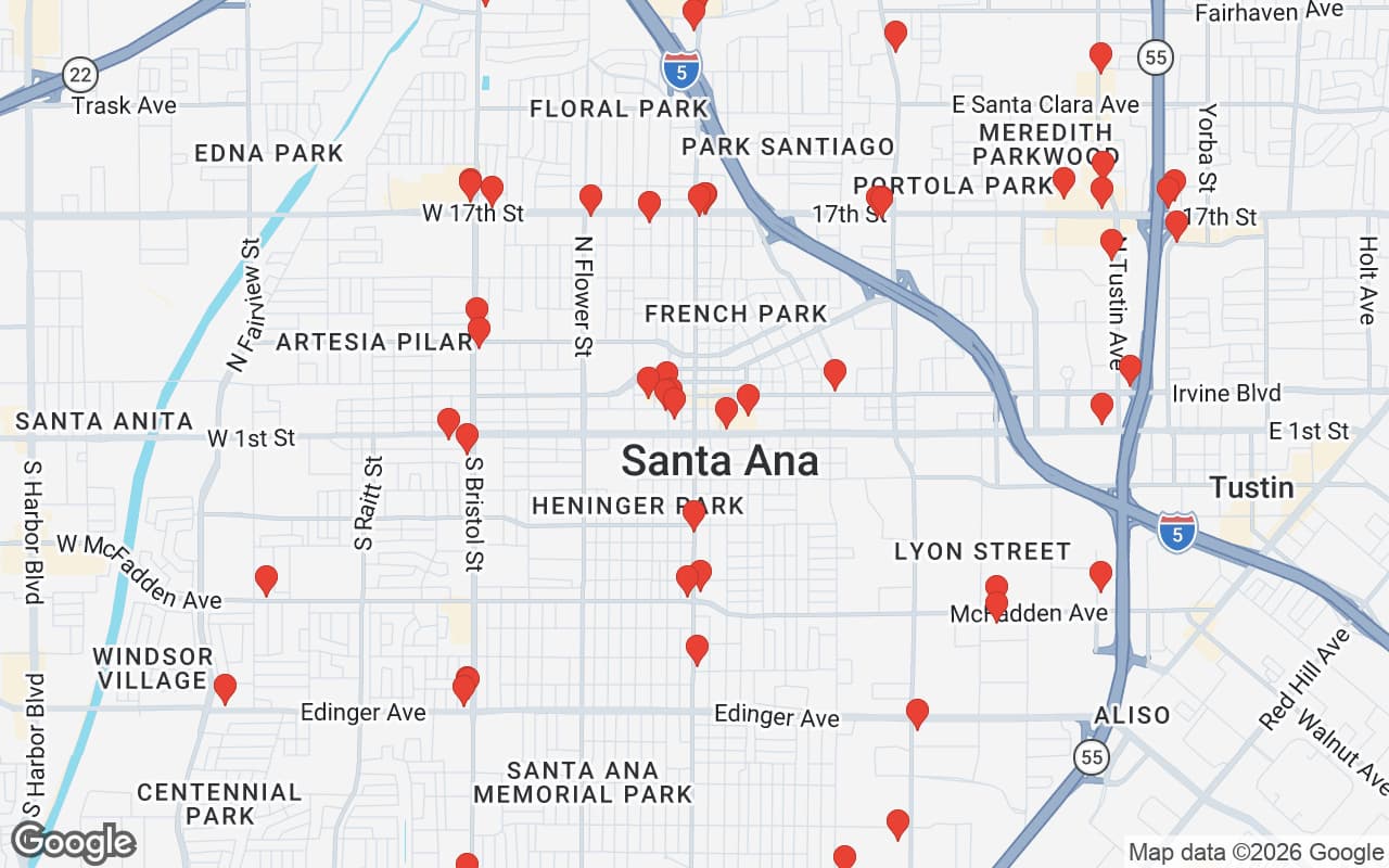 Map of Santa Ana, CA showing 60 restaurant locations served by Oil Guyz free used cooking oil pickup