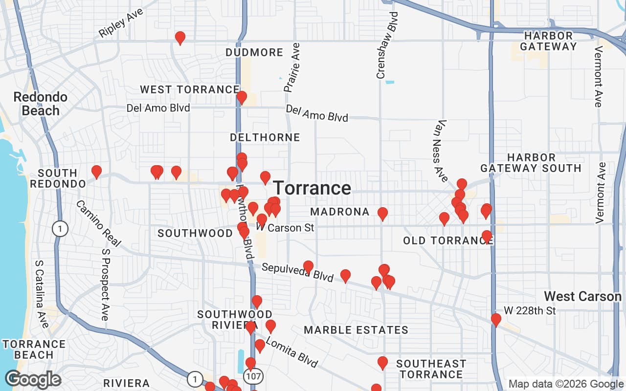 Map of Torrance, CA showing 60 restaurant locations served by Oil Guyz free used cooking oil pickup