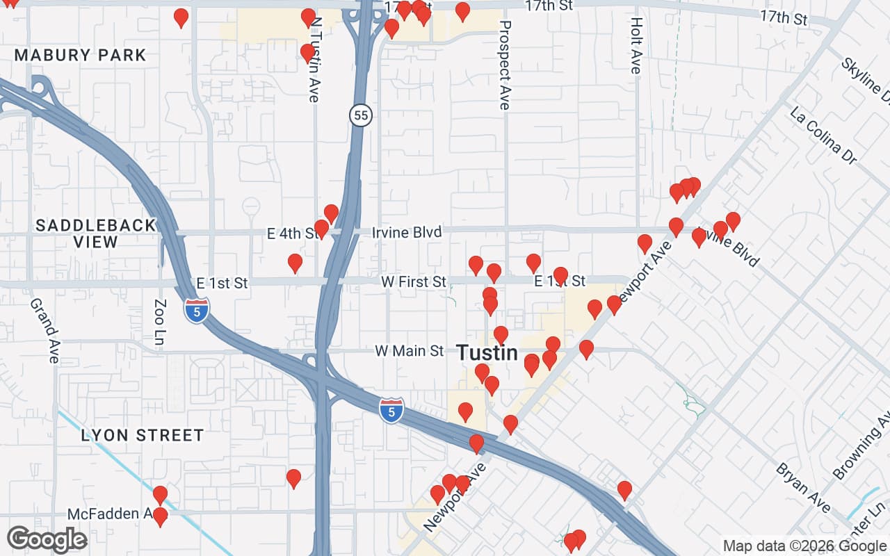 Map of Tustin, CA showing 60 restaurant locations served by Oil Guyz free used cooking oil pickup