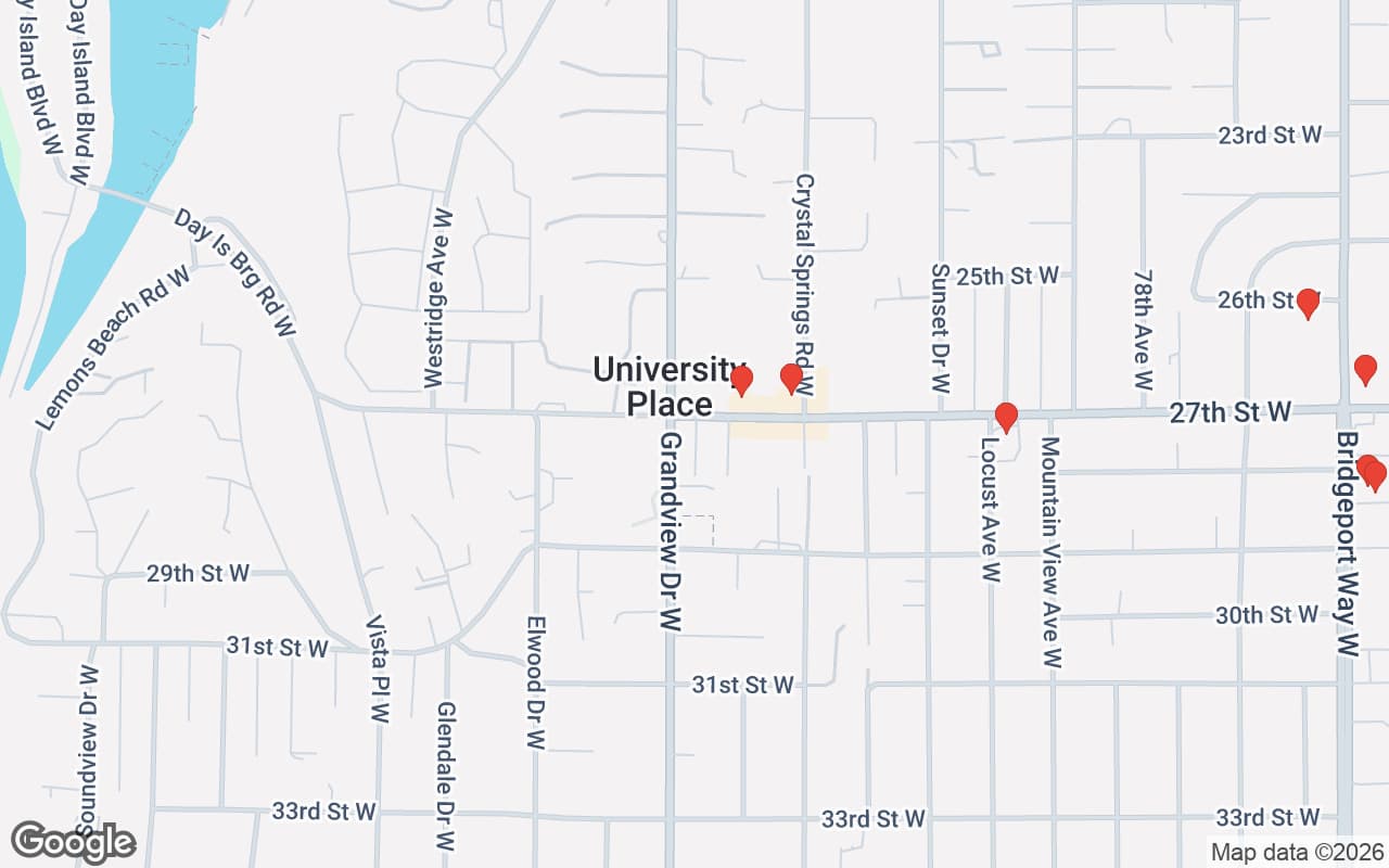 Map of University Place, WA showing 50 restaurant locations served by Oil Guyz free used cooking oil pickup