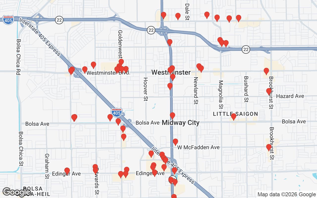 Map of Westminster, CA showing 60 restaurant locations served by Oil Guyz free used cooking oil pickup