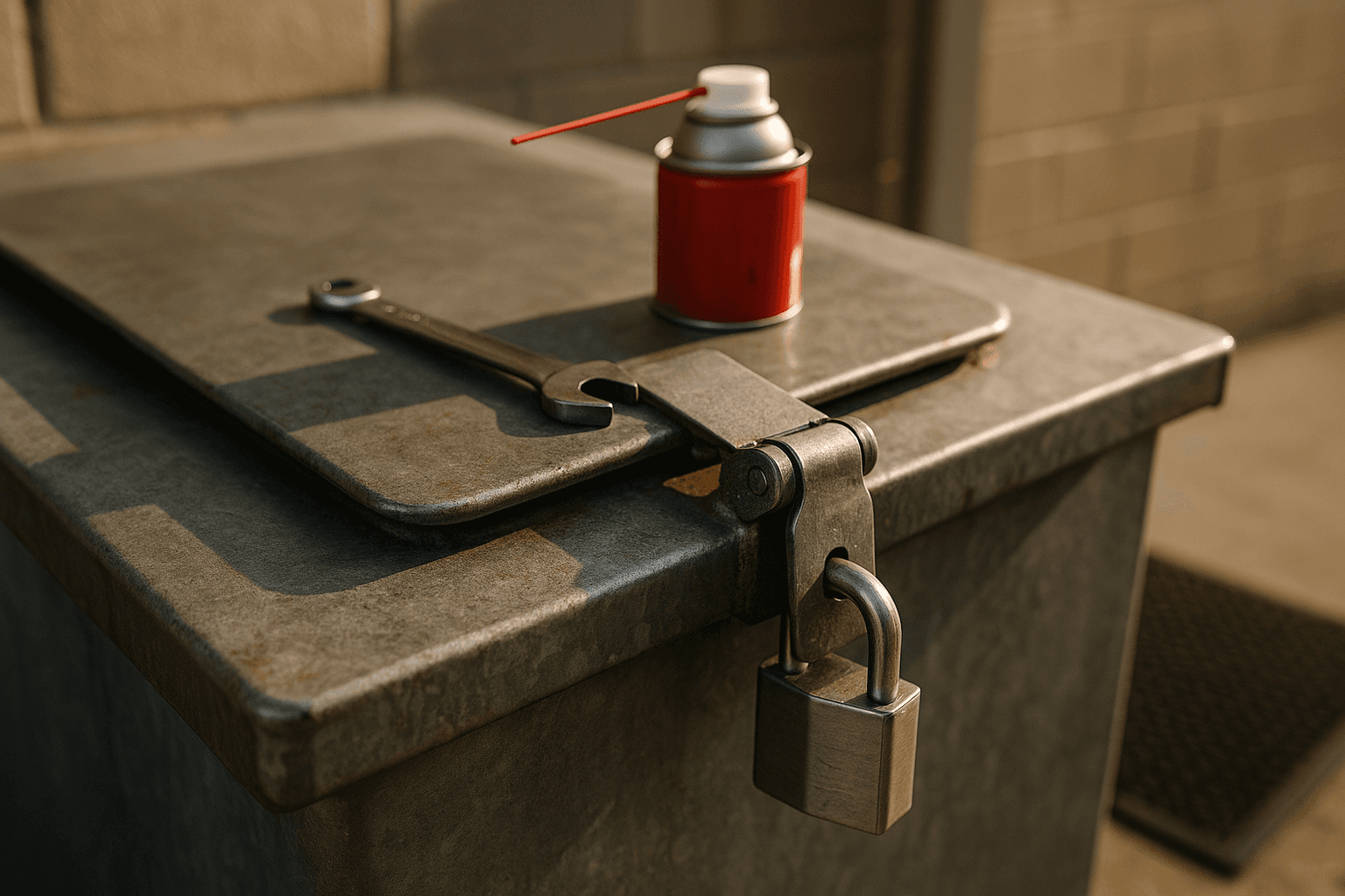 Service technician inspecting and maintaining a commercial cooking oil container at a restaurant