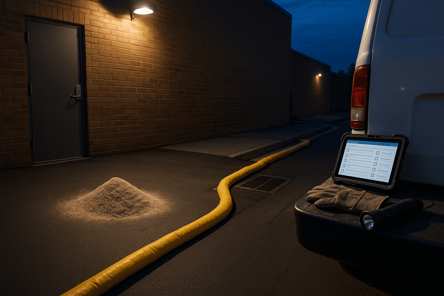 Service technician completing an incident report after cleaning up a grease spill at a restaurant
