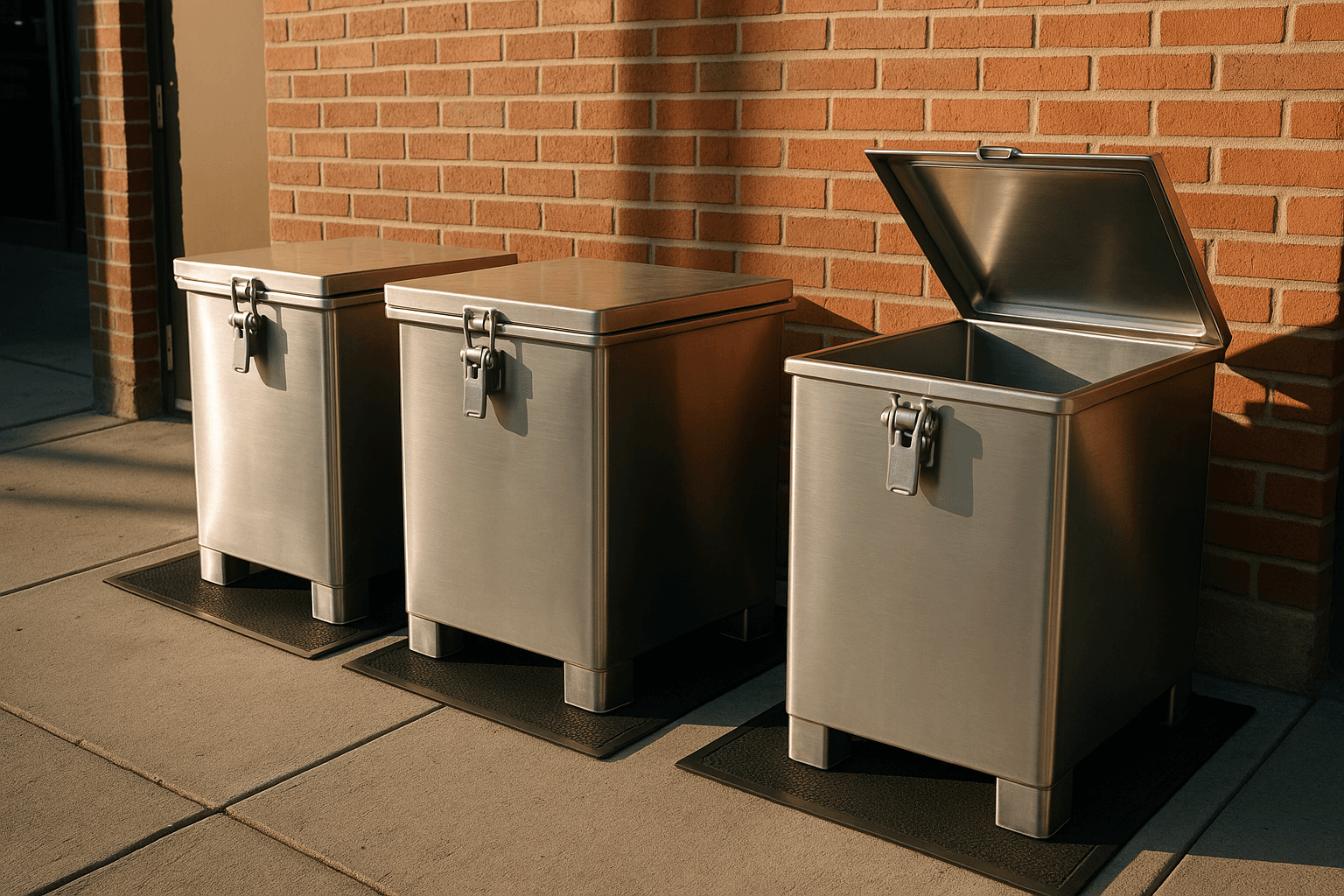 Row of sealed stainless steel UCO collection containers with locking mechanisms at a restaurant