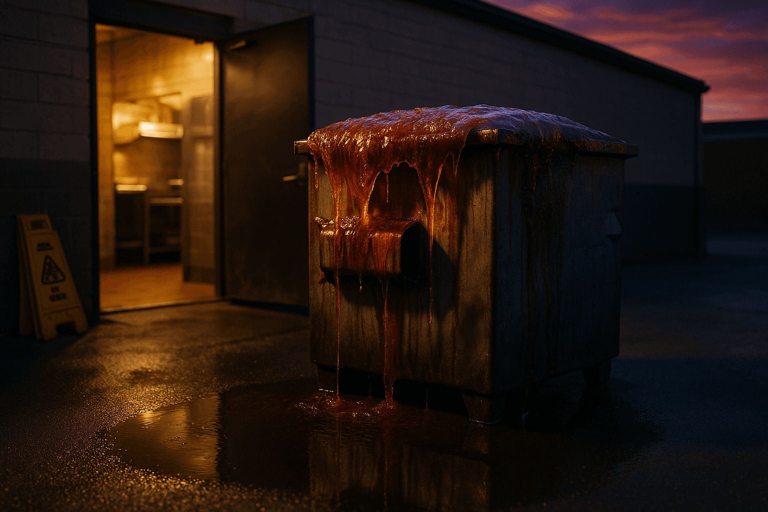 Overflowing grease container at a restaurant back-of-house area requiring emergency service
