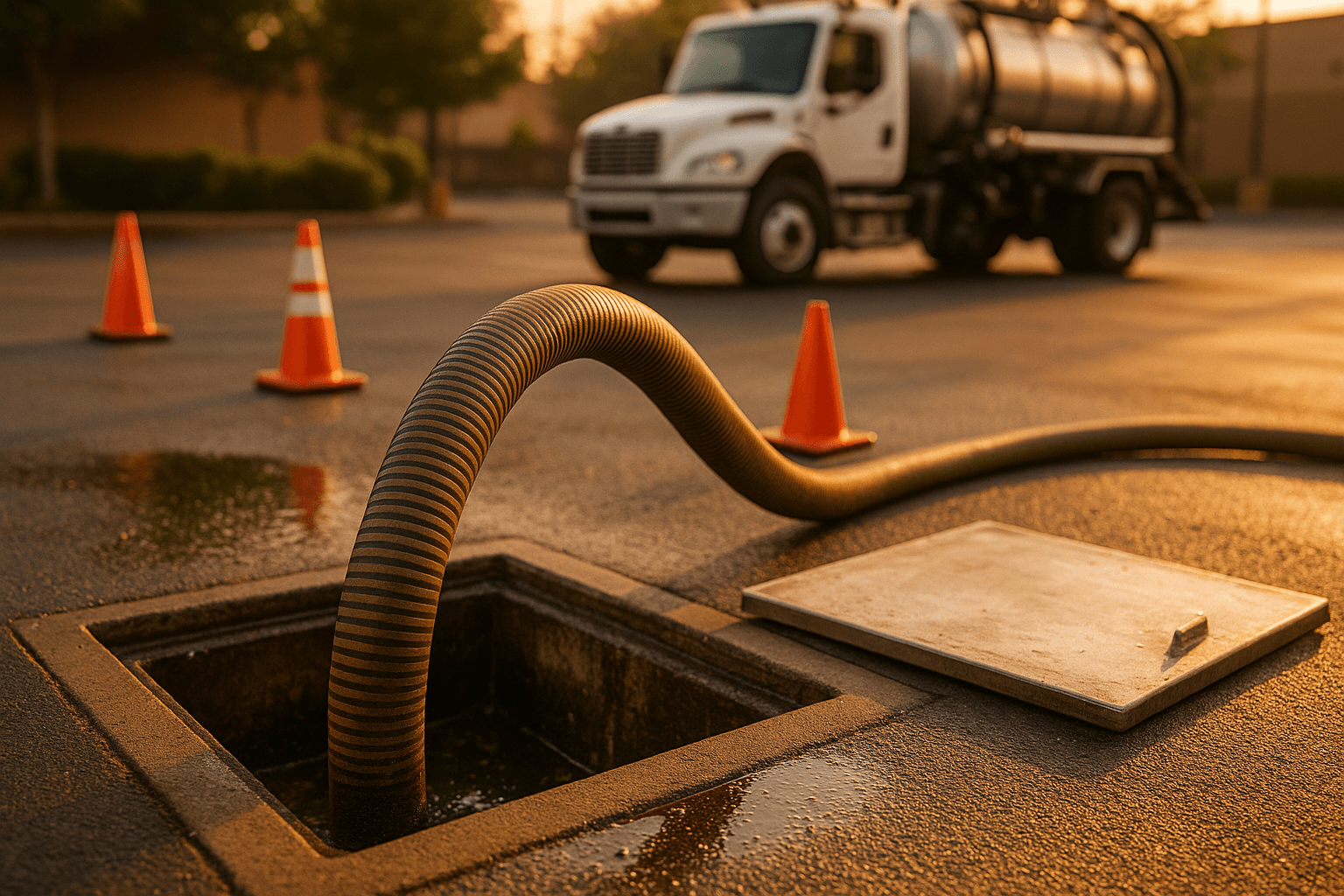 Technician operating a vacuum truck hose connected to an underground grease trap at a restaurant parking lot