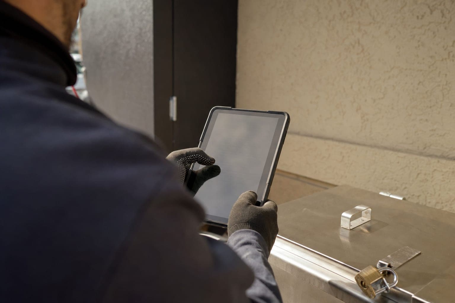 Digital CDFA-compliant manifest on a rugged tablet during a restaurant oil collection pickup — driver filing the Title 3 Section 1180 record next to the locked container
