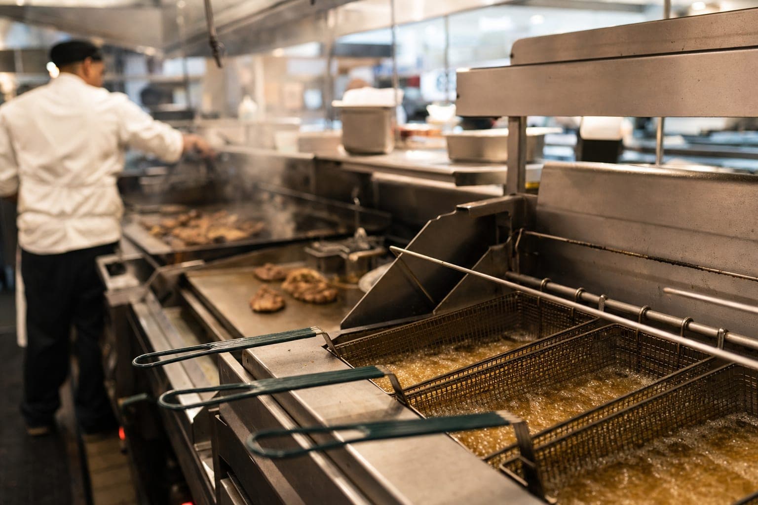 High-volume Southern California restaurant kitchen with multiple deep fryers in active service — the kind of commercial kitchen we collect restaurant oil from on a regular route