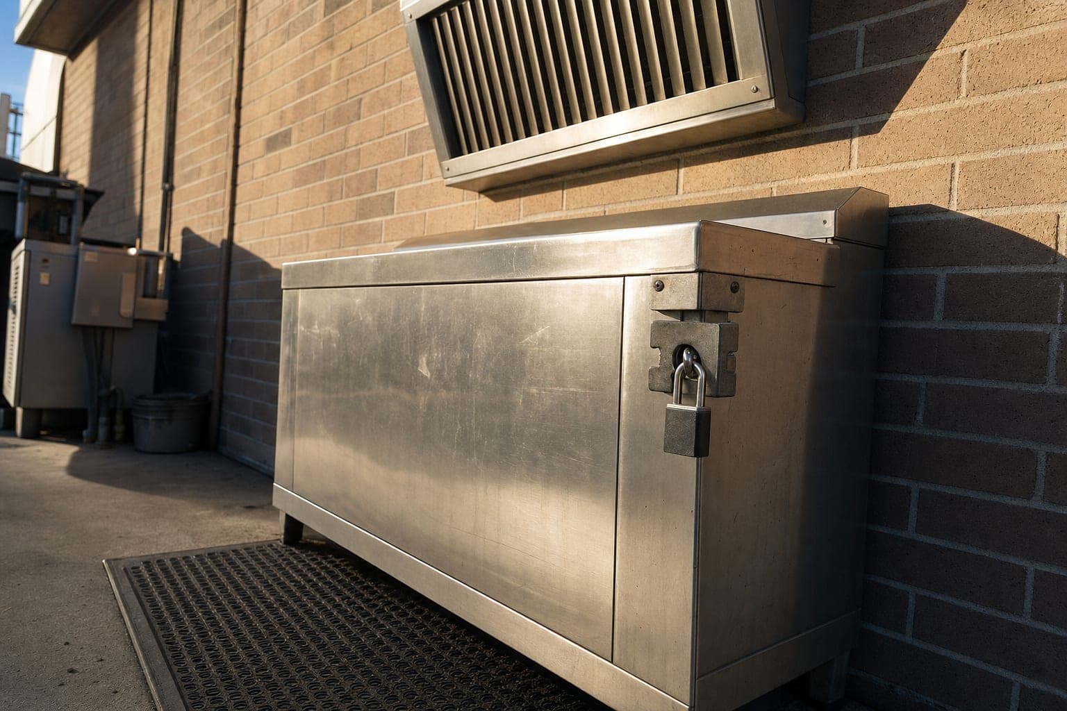 Locked anti-theft used cooking oil container at a Southern California restaurant — heavy-duty padlock and bracket protect the bin from grease theft between restaurant oil collection pickups
