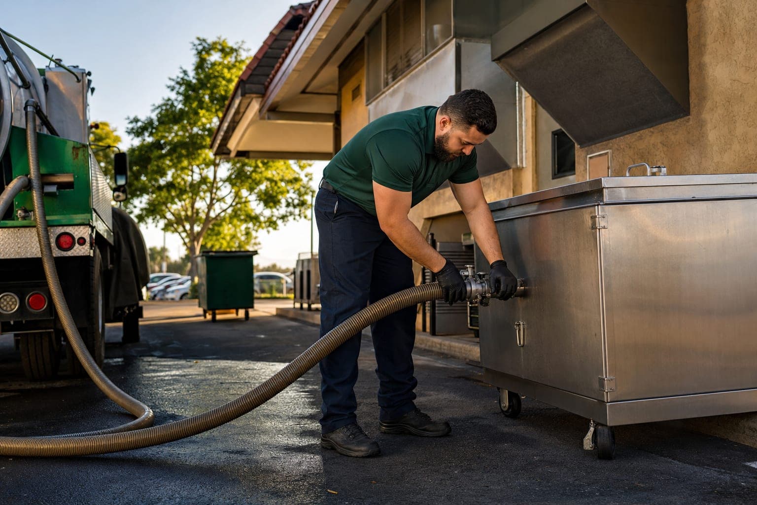 Restaurant oil collection pickup process — CDFA-licensed route driver in hunter green polo pumping used cooking oil from a locked stainless steel container at a Southern California restaurant