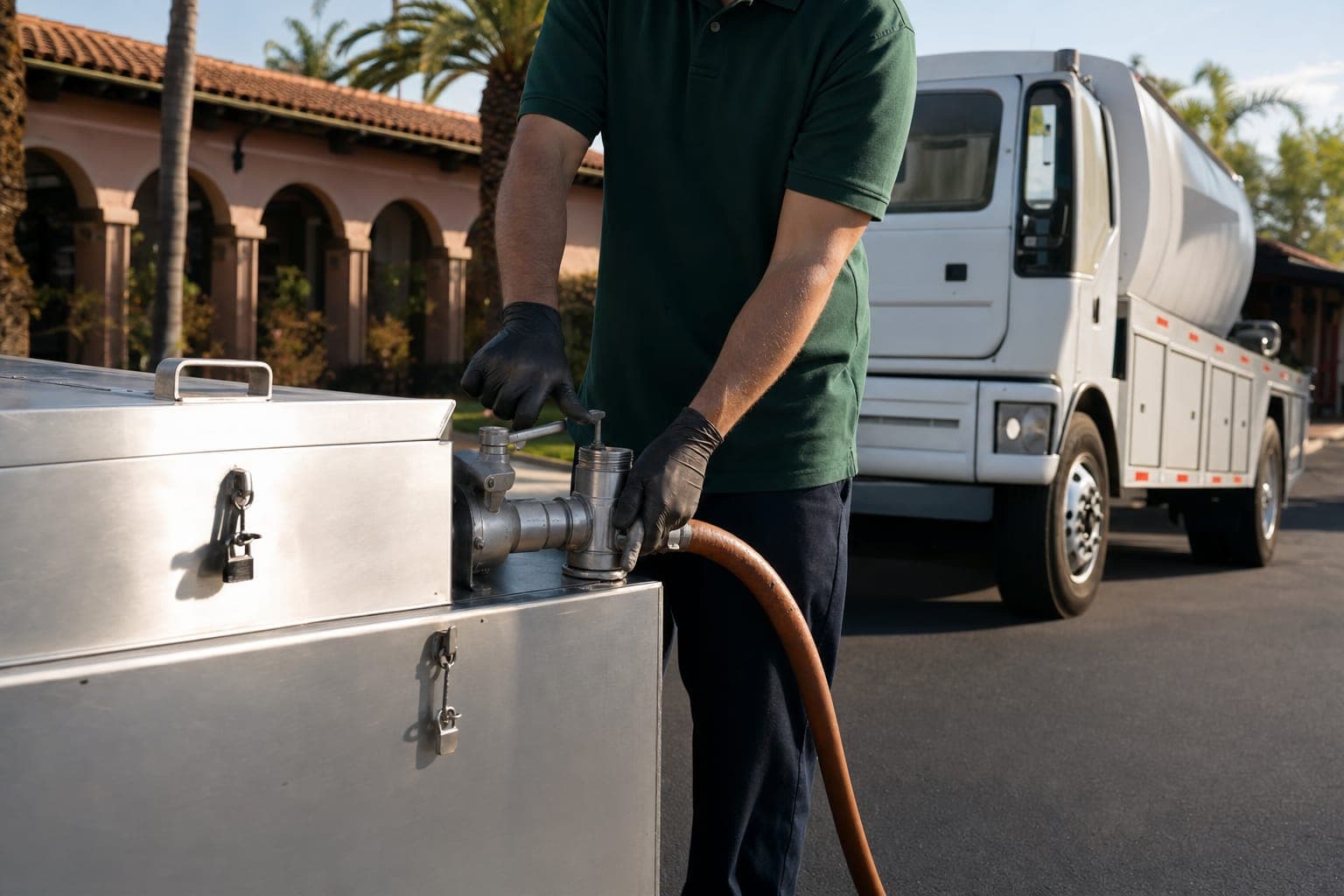 Restaurant oil collection in progress at a Southern California restaurant — CDFA-licensed pump truck servicing a locked used cooking oil container