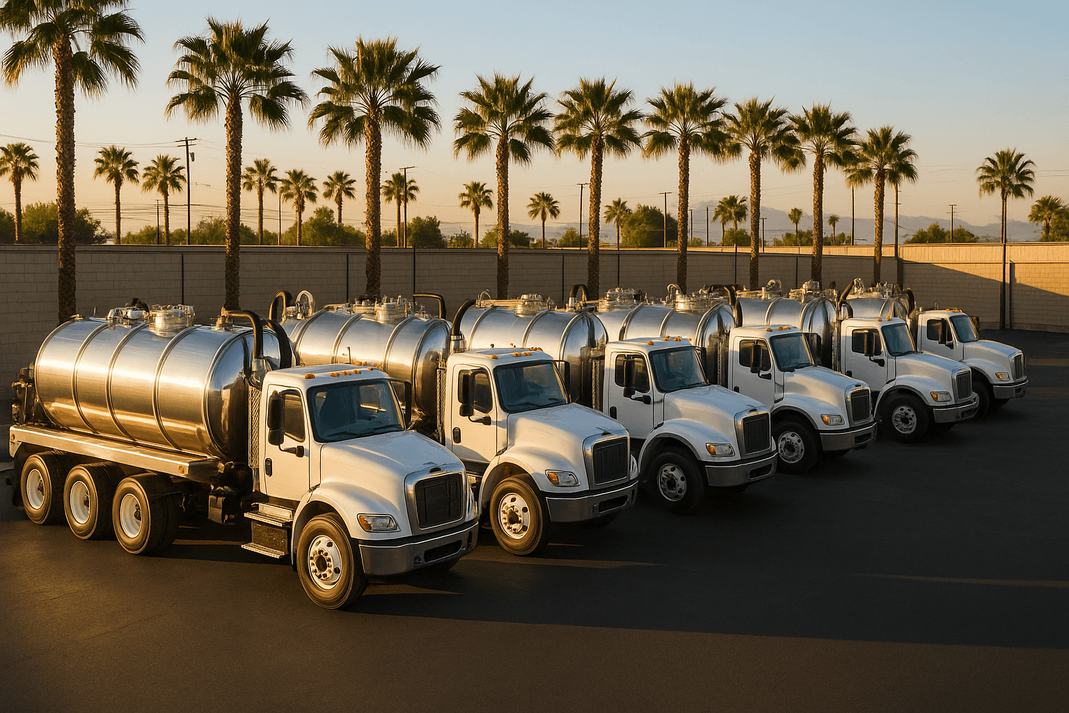 Fleet of used cooking oil collection trucks ready for dispatch across Southern California service areas