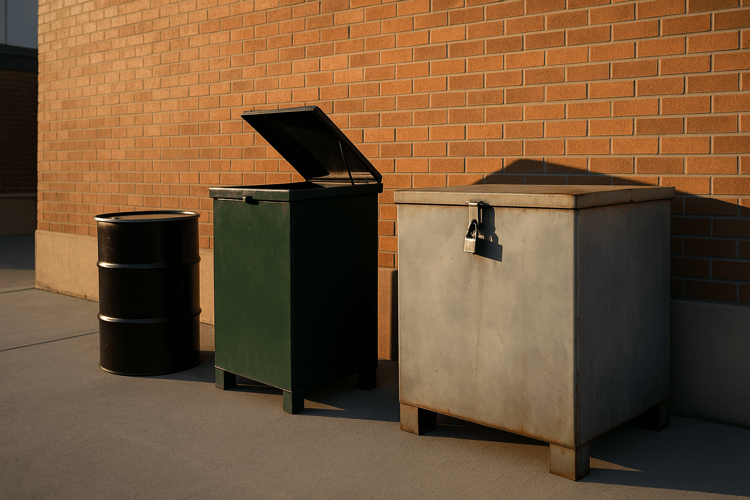 Row of commercial cooking oil collection containers in different sizes from 55-gallon drum to 250-gallon bin