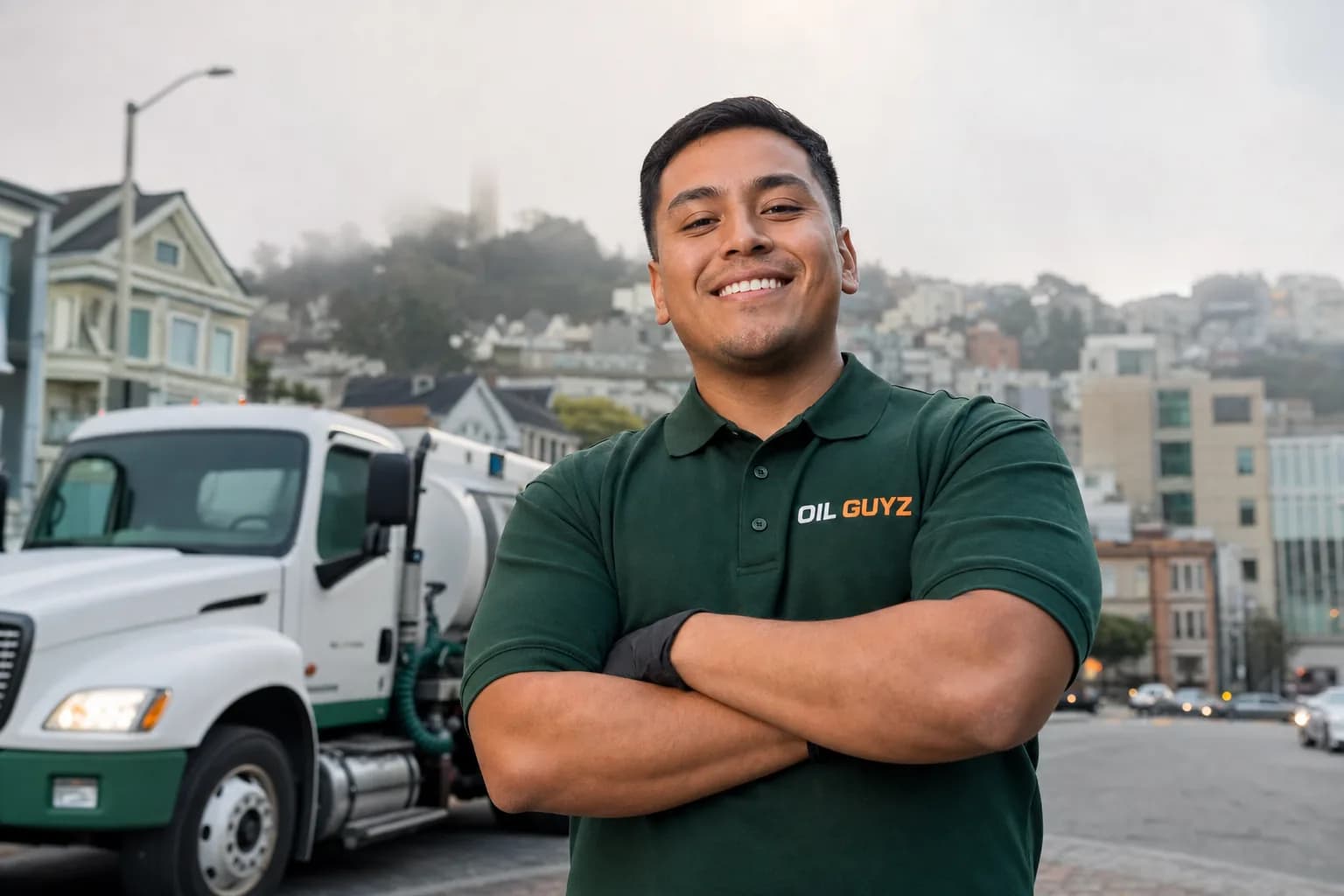 Grease collection truck behind a restaurant in the San Francisco Bay Area