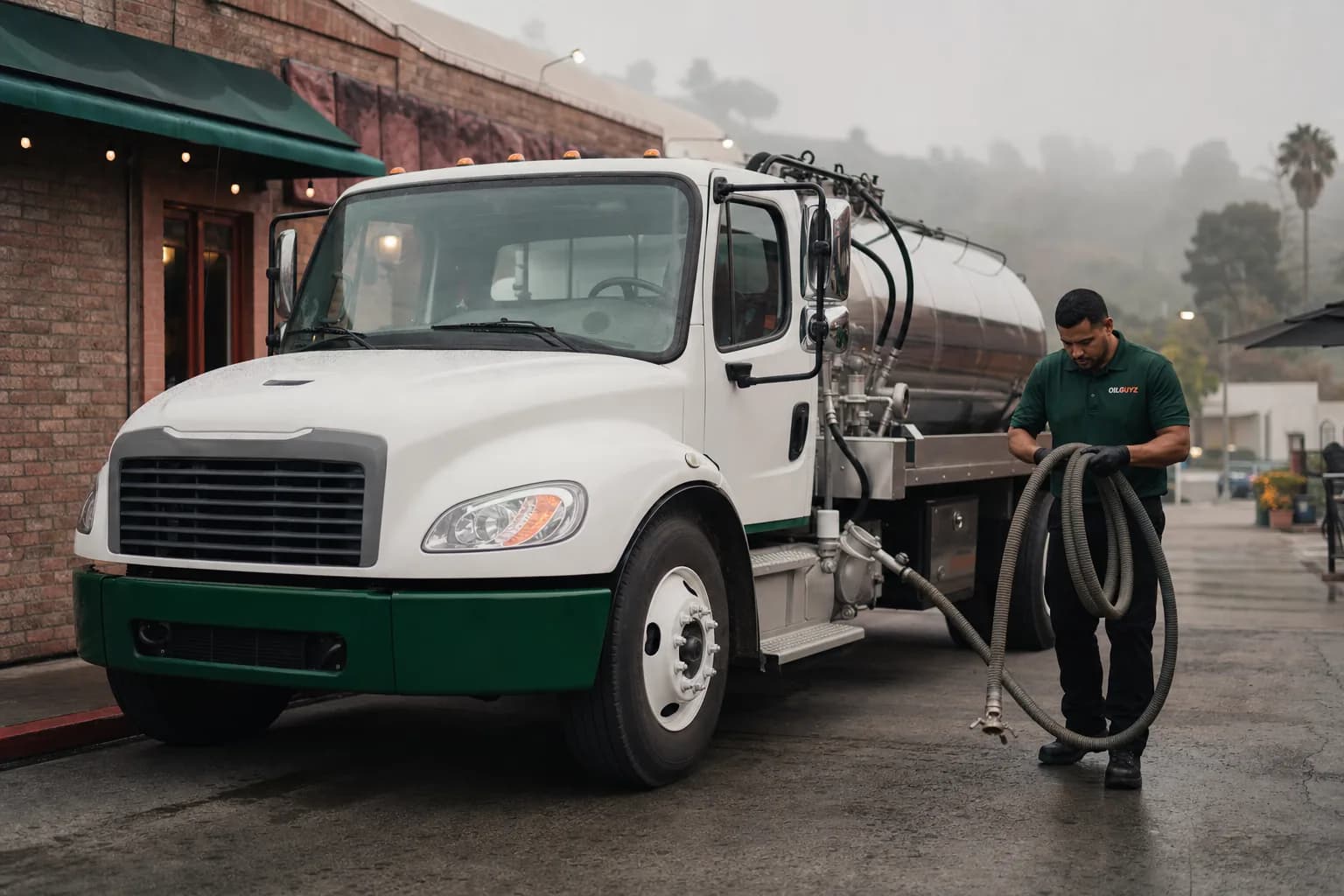 Grease collection truck behind a restaurant in the San Francisco Bay Area