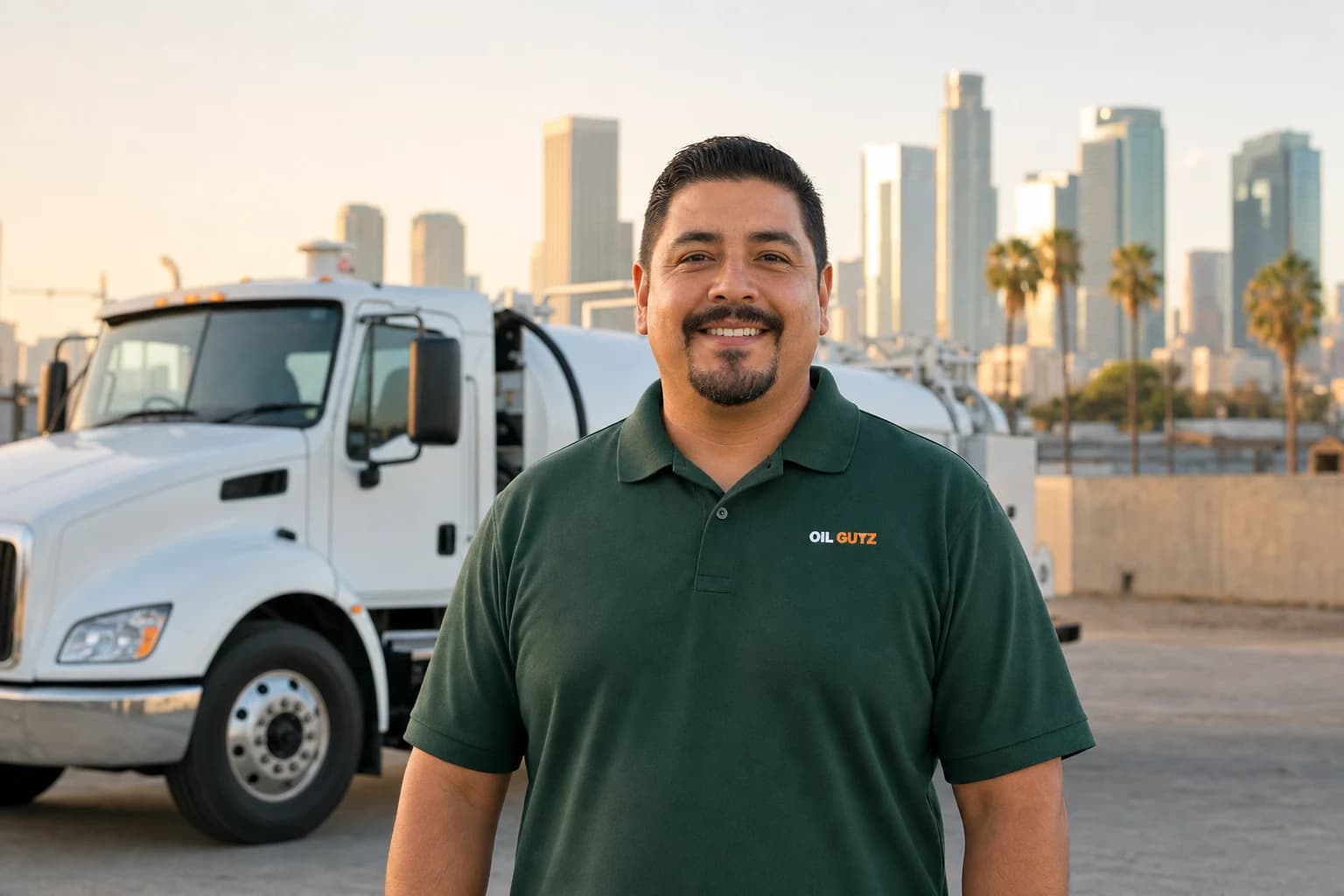 Smiling Oil Guyz used cooking oil pickup driver in a hunter-green polo beside an unbranded white pump truck, with the downtown Los Angeles skyline behind him