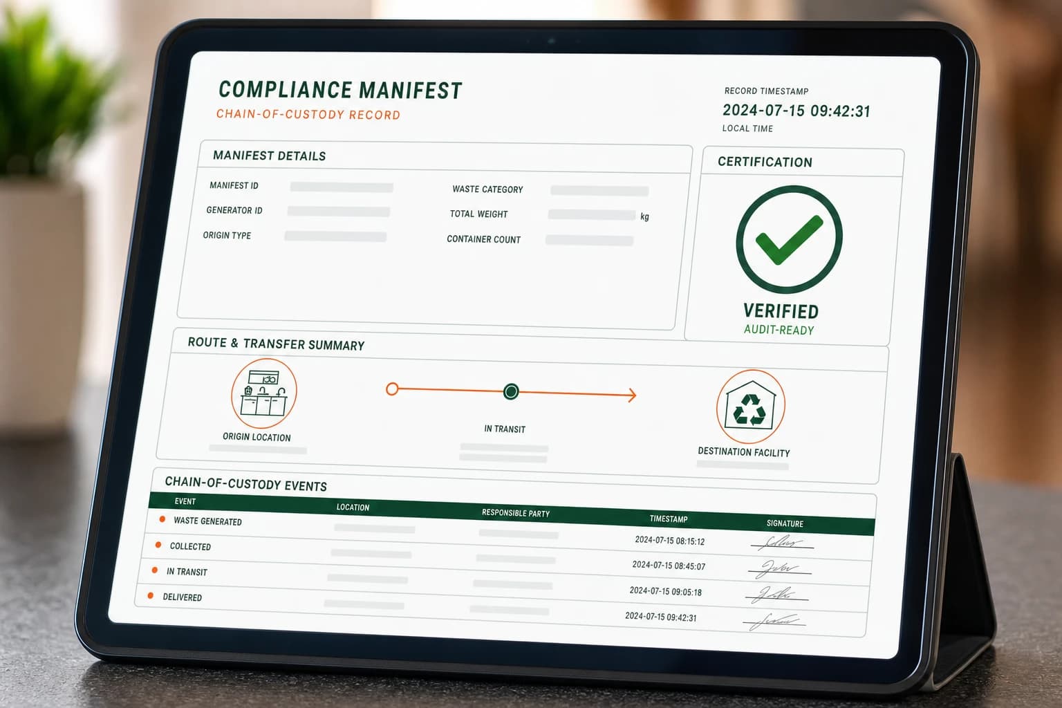 A CDFA-compliant digital manifest and chain-of-custody record on a tablet, marked verified and audit-ready, showing the route from kitchen to a licensed renderer