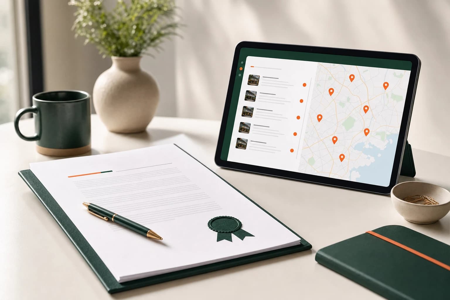 One consolidated cooking oil collection agreement on a desk beside a tablet listing multiple restaurant locations unified under a single account
