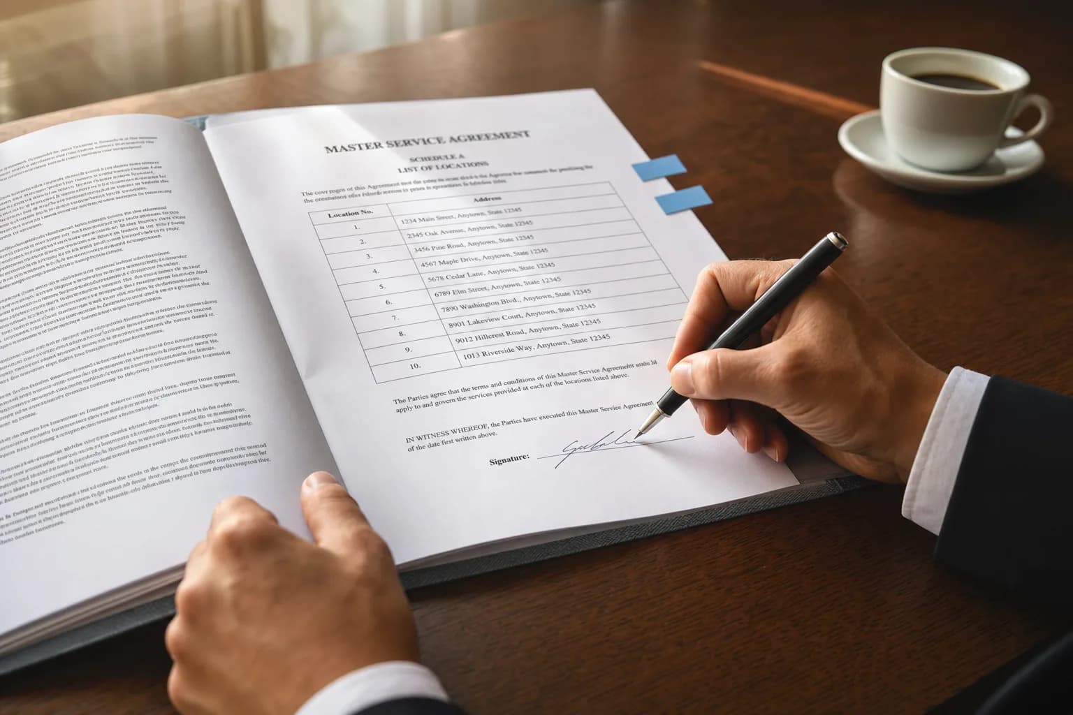 Operations director signing a multi-location Master Service Agreement with a Schedule A list of all restaurant locations across the portfolio