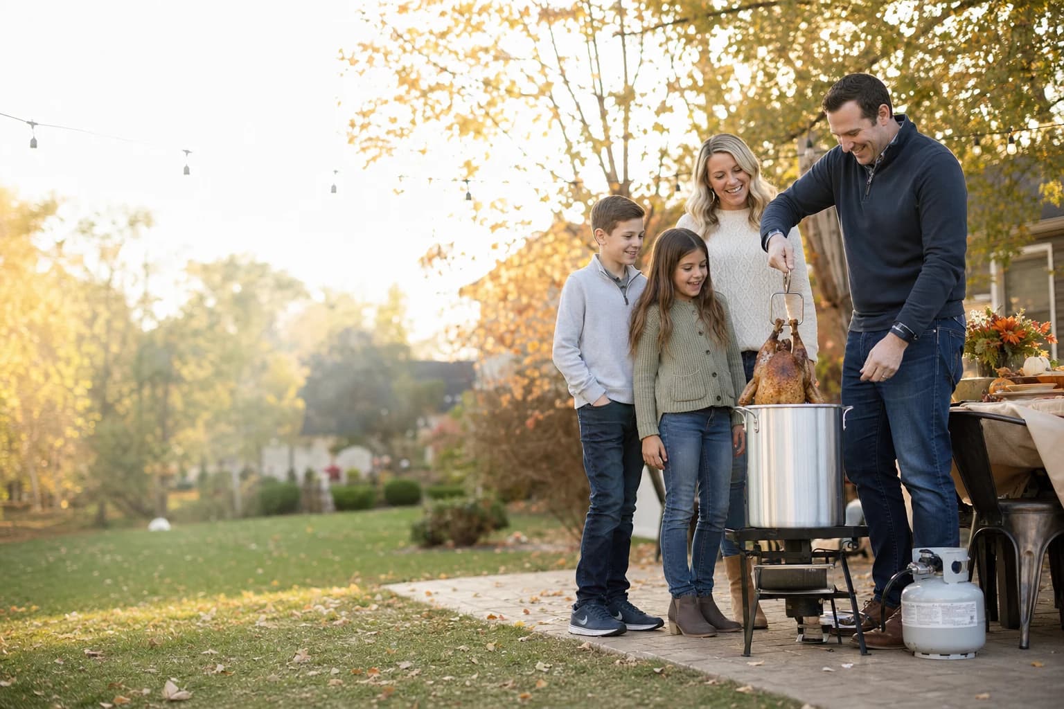 A dad lowering a turkey into a deep fryer while his wife and two kids watch and smile in a sunny backyard at Thanksgiving