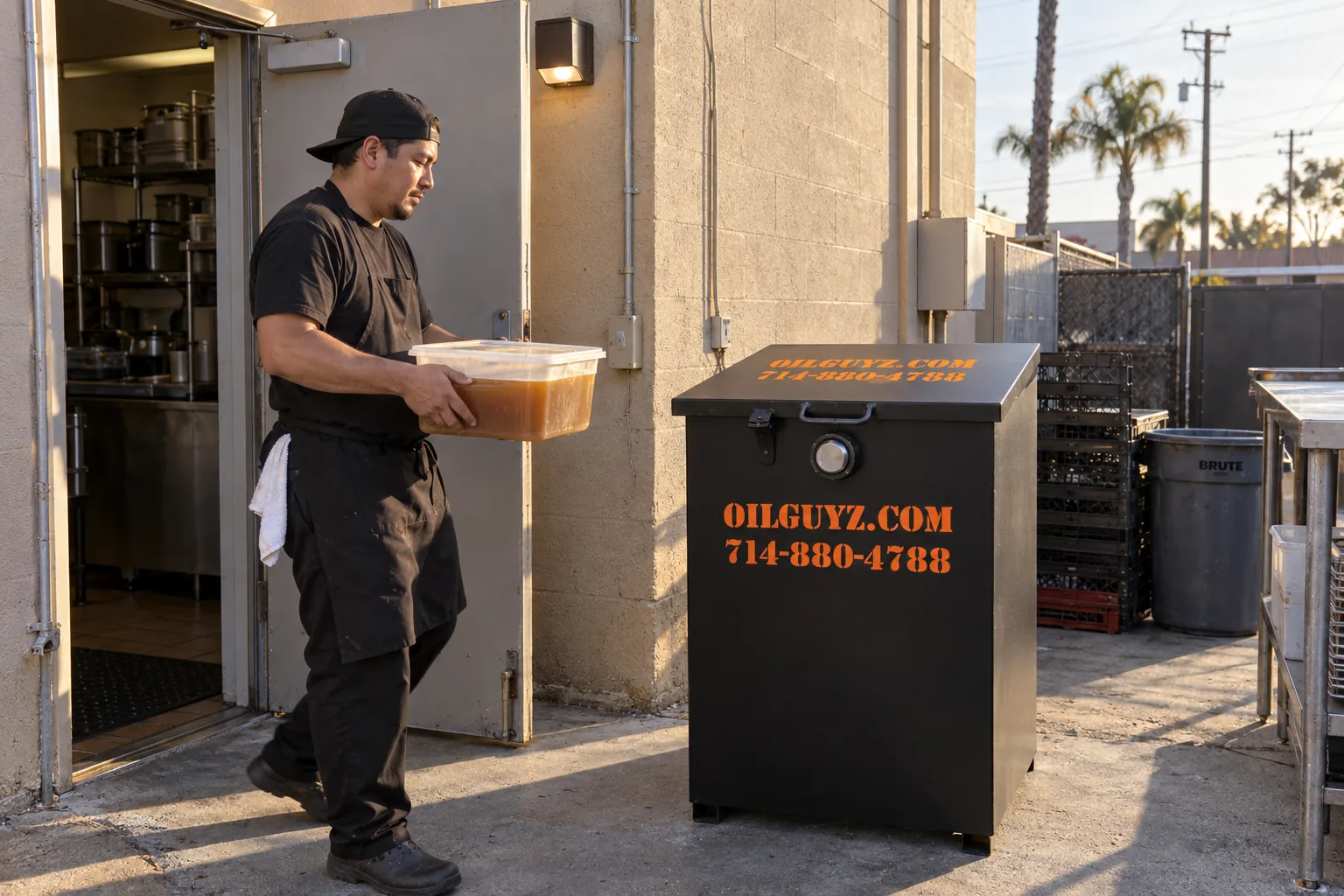 A cook carries cooled fryer oil to a locked black Oil Guyz bin behind a family restaurant in a West Anaheim strip center